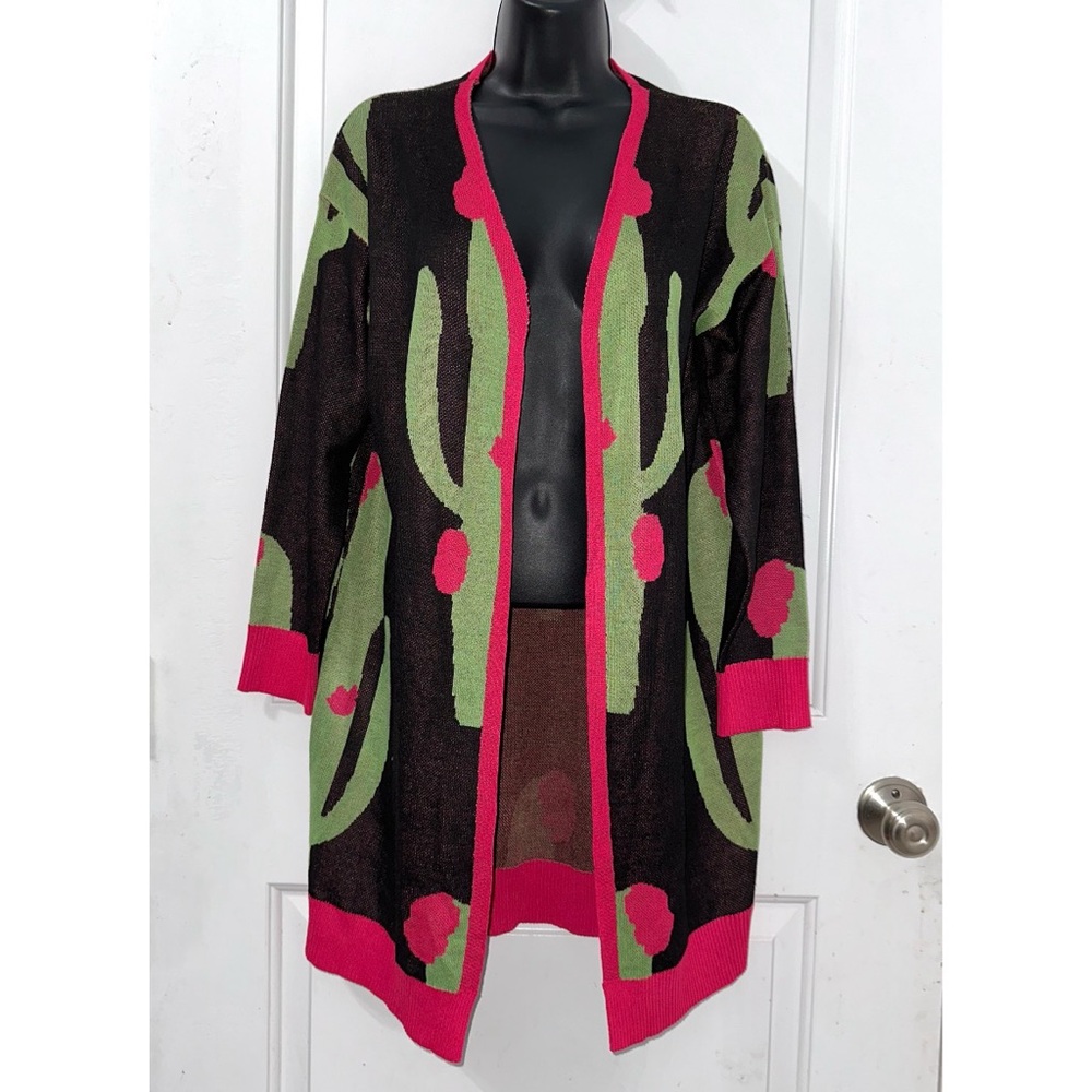 L&B Lucky & Blessed Blooming cactus cardigan, featuring green cactus motifs